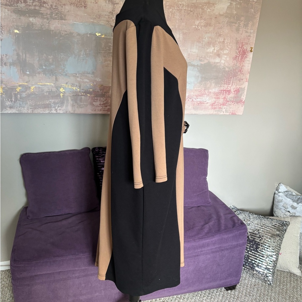 Beige and Black Sheath Dress with Decorative Buckle - Picture 5 of 12